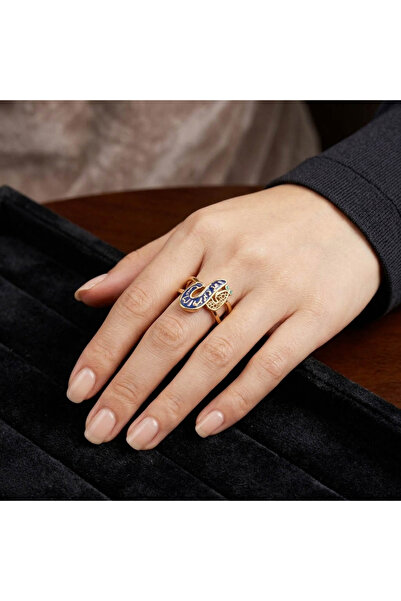 Generic خاتم بخط عربي مزين بالمينا الزرقاء وتصميم ثعبان - مجوهرات عصرية قابلة...