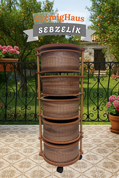 CremigHaus Ahşap Sebzelik Geleneksel Tasarım Yuvarlak Kemençe Desenli 5 x 5 k...