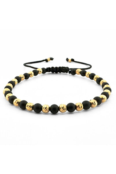 Onixbox Mat Onyx Bracelet with Silver Beads 4mm Gold Plated 18K, Adjustable C...