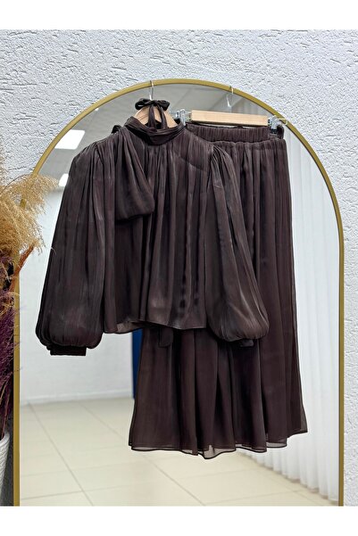 MİHRA STORE Alçiçek Shoulder Scarf and Janjan Skirt Set-Ge813 Brown