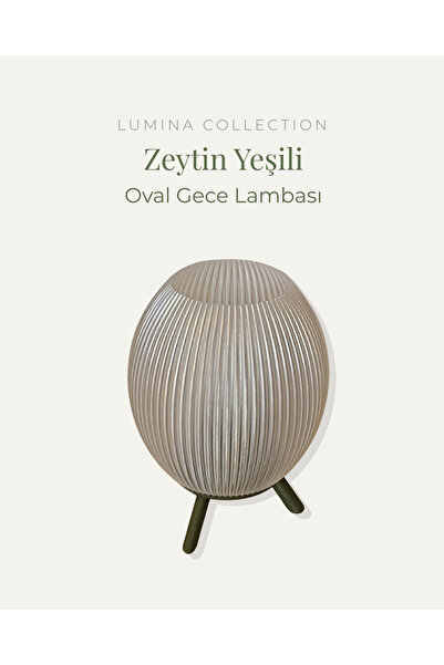 Oval Gece Lambası Zeytin Yeşili Renk Modern Dekoratif Abajur Tripod Ayaklı Masa Lambası KORIXALumina