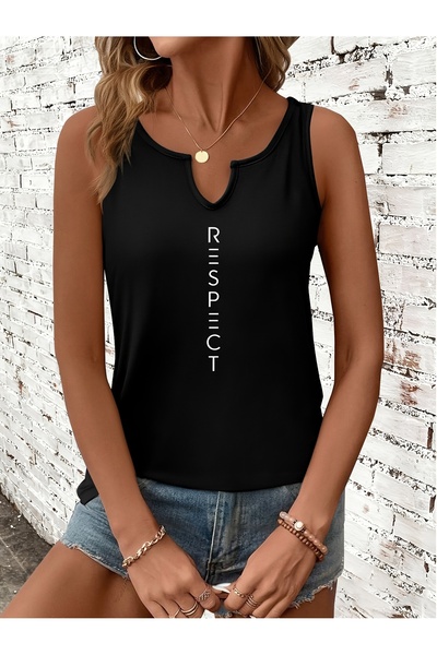 mercoledi Women's Respect Printed Half V-Neck Sleeveless Regular Fit Casual T...