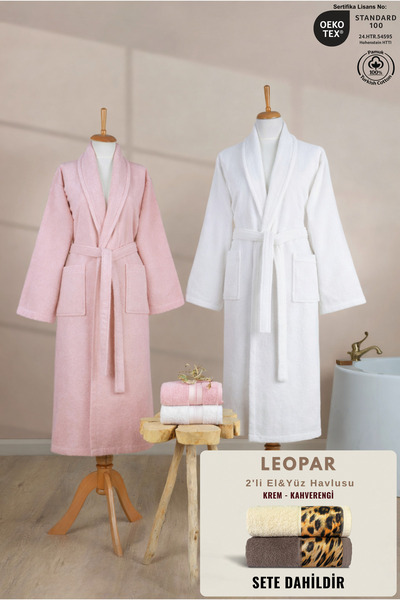 Ellaline 4 Piece Şalyaka Family Bathrobe Set 100% Cotton + Leopard 2-Piece Br...
