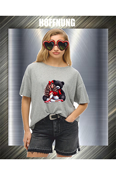 HOFFNUNG Unisex Short Sleeve Round Neck Black Bear Printed Solid Color Tshirt