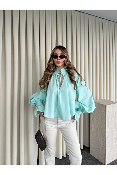 Laluvia Mint Collar Tie-Detail Sleeves Design Shirt - 112254