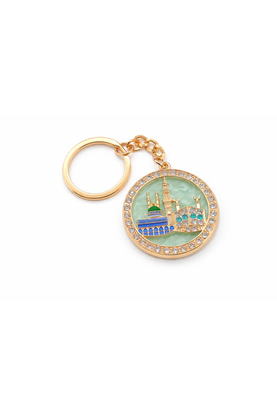 EFEAKS Kaaba & Prophet's Mosque Round Design with Stones Keychain Gold Blue