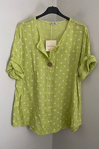 AYASOFYA OTANTIK Women's Italian Greenish Yellow Polka Dot Patterned Button D...