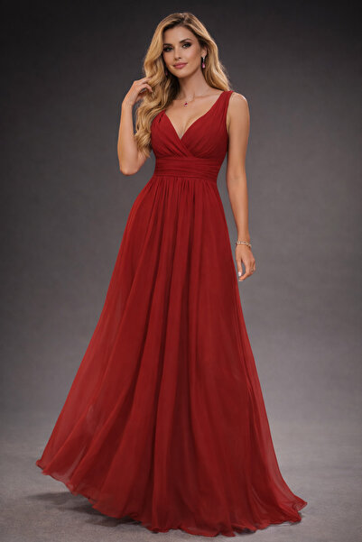 VALERIA Premium Kırmızı Şifon Abiye Elbise – V Yaka Bel Oturtmalı Uzun Gece E...