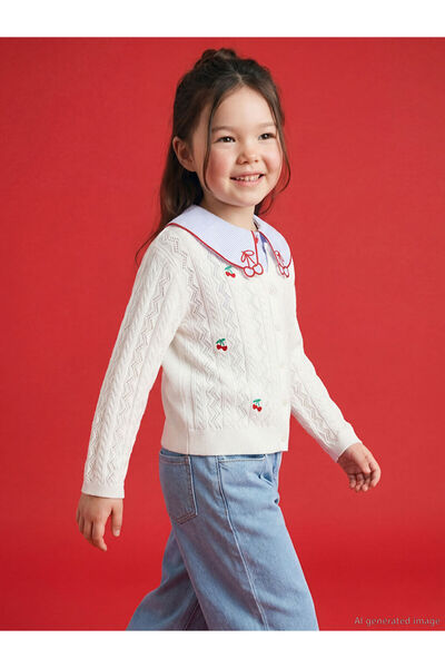 LC Waikiki Ecru Cherry Embroidered Girls' Knitwear Cardigan