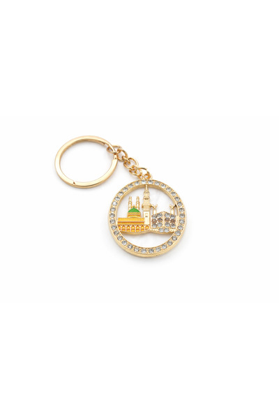 EFEAKS Kaaba & Prophet's Mosque Oval Design with Stones Keychain Gold White