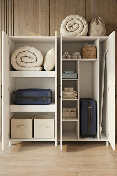 MONTENERO Yüklük Dolabı 4 Kapaklı Çift Bölüm Valiz Yorgan Nevresim Saklama Be...