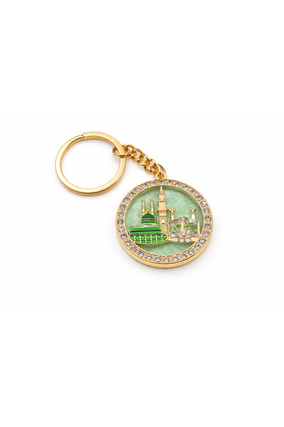 EFEAKS Kaaba & Prophet's Mosque Round Design Stone Keychain Gold Green