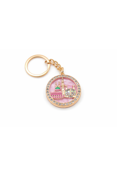 EFEAKS Kaaba & Prophet's Mosque Round Design with Stones Keychain Gold Pink