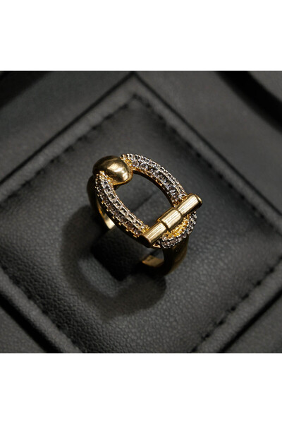Generic Gold Tone Buckle Ring with Sparkling Stones – Minimalist Fashion Jewe...