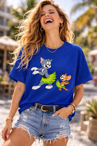 ArtYus Cat and Mouse Character Printed Unisex Oversized T-Shirt – Pack of Cot...