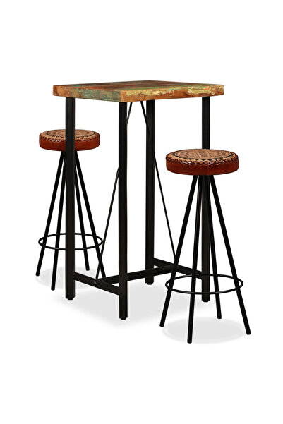 Concept Mobilier bar 3 piese lemn masiv reciclat, piele naturală, pânză
