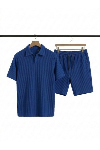 EXPECTED Men's Blue Ottoman Fabric Shorts Set Fit Polo Collar Casual