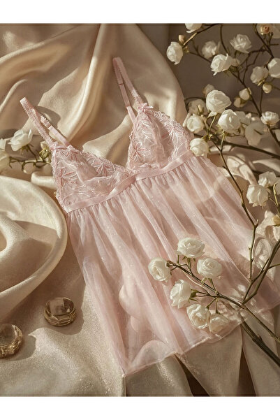 LC Waikiki Pink V-Neck Polka Dot Strap Women's Fancy Nightgown