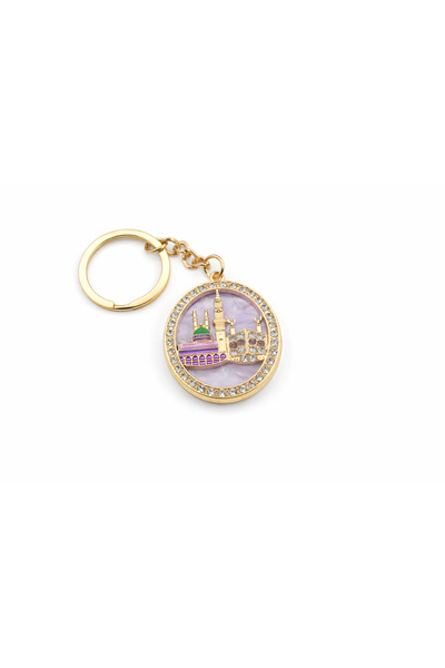 EFEAKS Kaaba & Prophet's Mosque Oval Design with Stones Keychain Gold Lilac