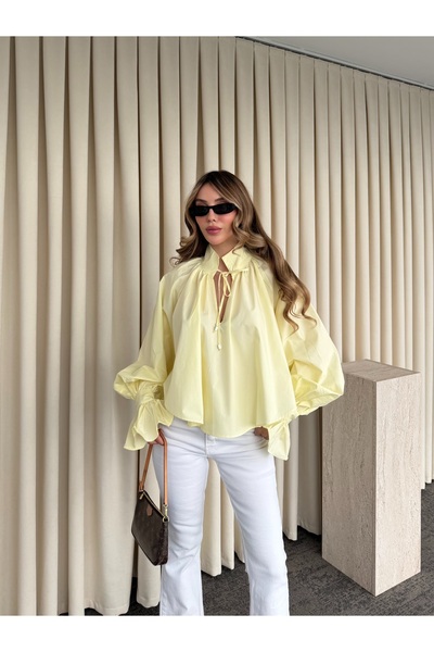 Laluvia Yellow Collared Tie-Detail Sleeves Design Shirt - 112254