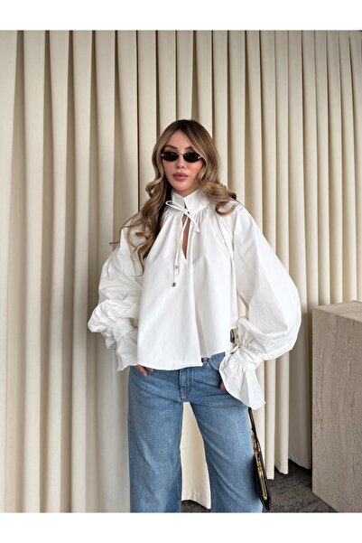 Laluvia White Collared Tie-Detail Sleeves Design Shirt - 112254