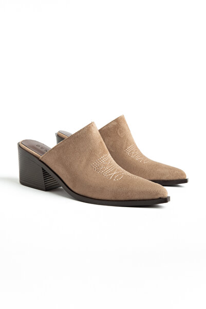 DENORA Mink Camel Matte Suede Embroidered Closed Front Open Back Heeled Weste...