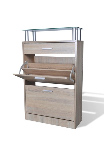 Concept Pantofar cu sertar și un raft din sticlă, lemn, aspect stejar