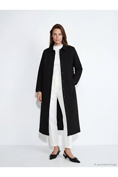 LC Waikiki Black Shirt Collar Textured Women's Ferace