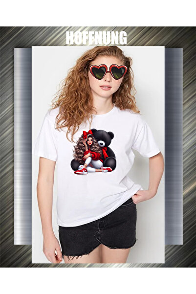 HOFFNUNG Unisex Short Sleeve Round Neck Black Bear Printed Solid Color Tshirt