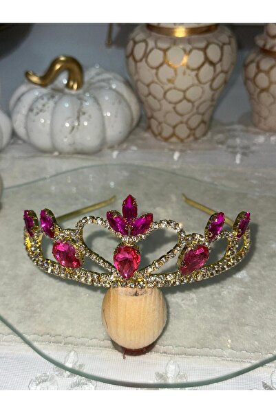 cengiz bujiteri Pink Crystal Stone Gold Plated Princess Crown Elegant Birthda...