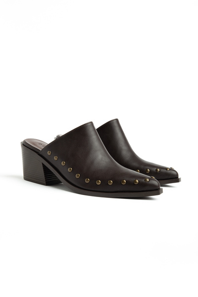 DENORA Bitter Brown Matte Leather Stud Detail Closed Front Open Back Heeled W...