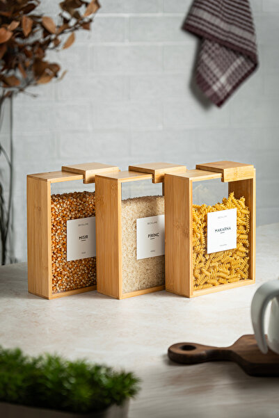 Becklume Etiketli Bambu 3'Lü Saklama Kabı - Erzak Kabı Bakliyat Saklama Kabı ...