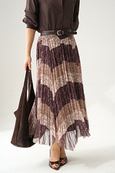 LOKADI Women's Brown Patterned Pleated Chiffon Skirt Paneled Asymmetrical Cut...