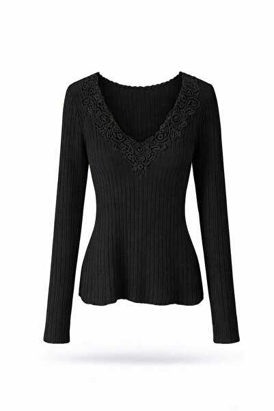 5in1Canpolat Black Lace Pack V-Neck Mercerized Knitwear 261034