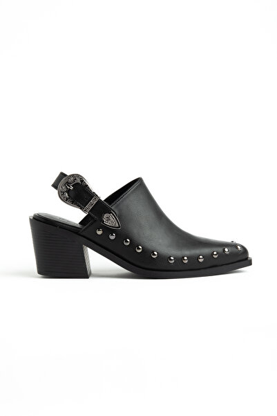 DENORA Black Matte Leather Buckled Pin Detail Closed Front Open Back Western ...