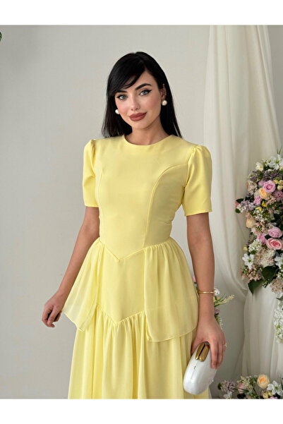 Dilek Vardar Yellow Layered Chiffon Long Stylish Dress