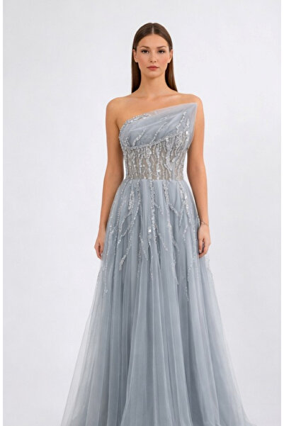 Niobe KADIN ABİYE STRAPLEZ PAYETLİ TAŞ İŞLEME DETAYLI ŞIK UZUN ELBİSE