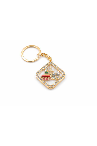 EFEAKS Kaaba & Prophet's Mosque Quadrilateral Design with Stones Keychain Gol...