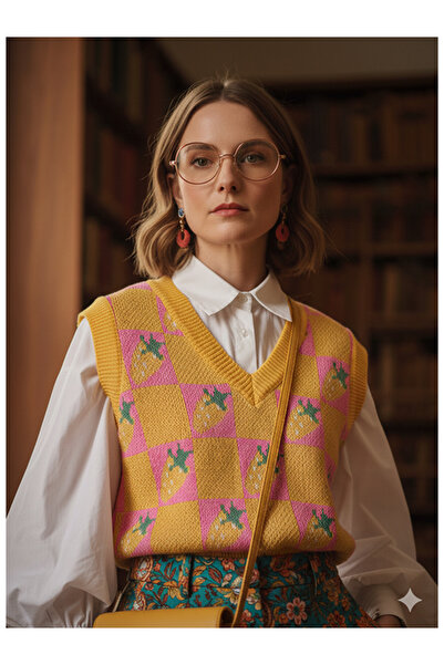 Namaste Vintage Çilek Patterned Yellow Color V-Neck Knitwear Sweater