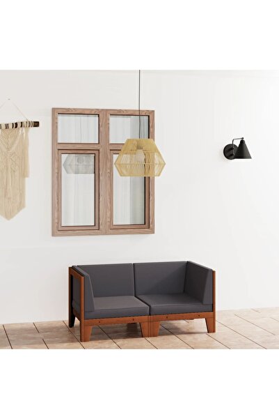 Concept Set canapea 2 locuri cu perne gri închis, lemn masiv acacia