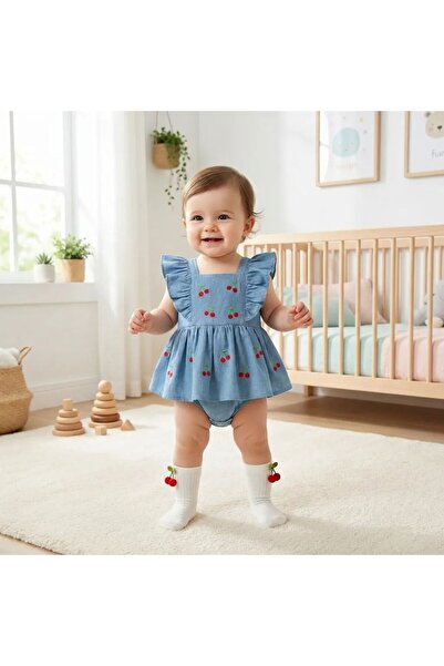 Luna Kids Store Baby Girl Cherry Embroidered Ruffle Denim Romper