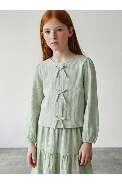 LC Waikiki Bluză verde detaliu cu fundă muselină pentru fete