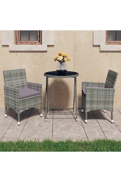 Concept Set mobilier bistro, 3 piese, gri, poliratan&sticlă securizată