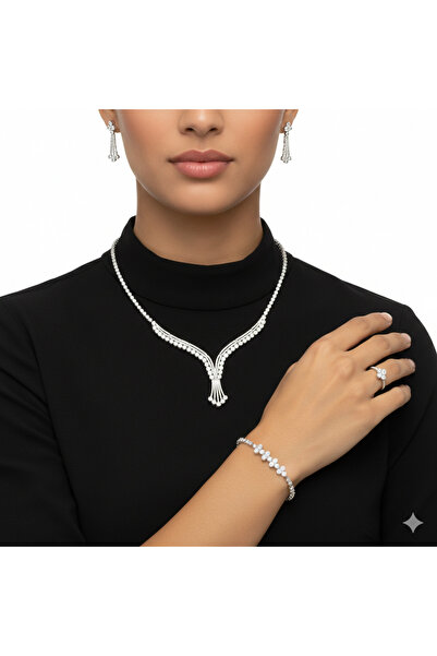 Generic Silver Tone Bridal Jewelry Set – Necklace, Earrings, Ring & Bracelet ...