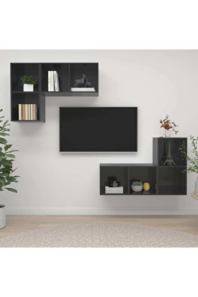 Concept Επιτοίχια ντουλάπια τηλεόρασης, 4 τεμ., γυαλιστερό γκρι, μοριοσανίδα