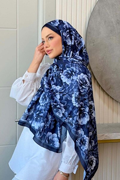 Hazamoda Floral Digital Shawl Navy Blue