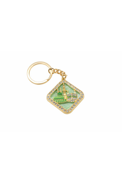 EFEAKS Kaaba & Prophet's Mosque Quadrilateral Design with Stones Keychain Gol...