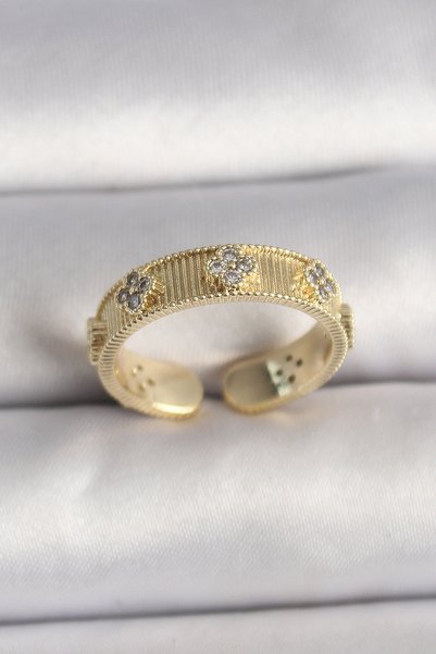 ForWhat Adjustable Women's Ring with Golden Brass Zircon and Clover Work for ...