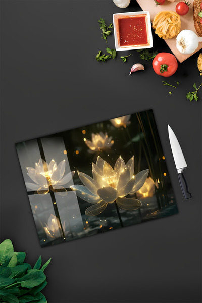 kutuTR Golden Sparkling Lotus Flower Patterned Tempered Glass Cutting Board 30X40 cm Size Uv Printing - Bckt005