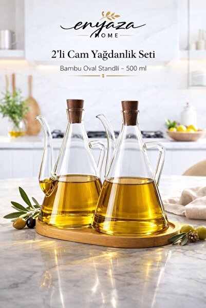 ENYAZA(2024) 2'li 500ml Bambu Standlı Mantar Kapaklı Yağdanlık Borosilikat Ca...